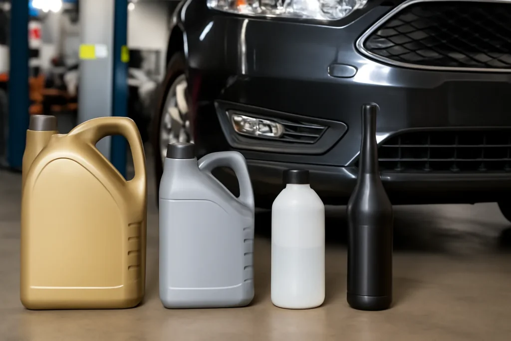 Real photo of engine oil, coolant, brake fluid,