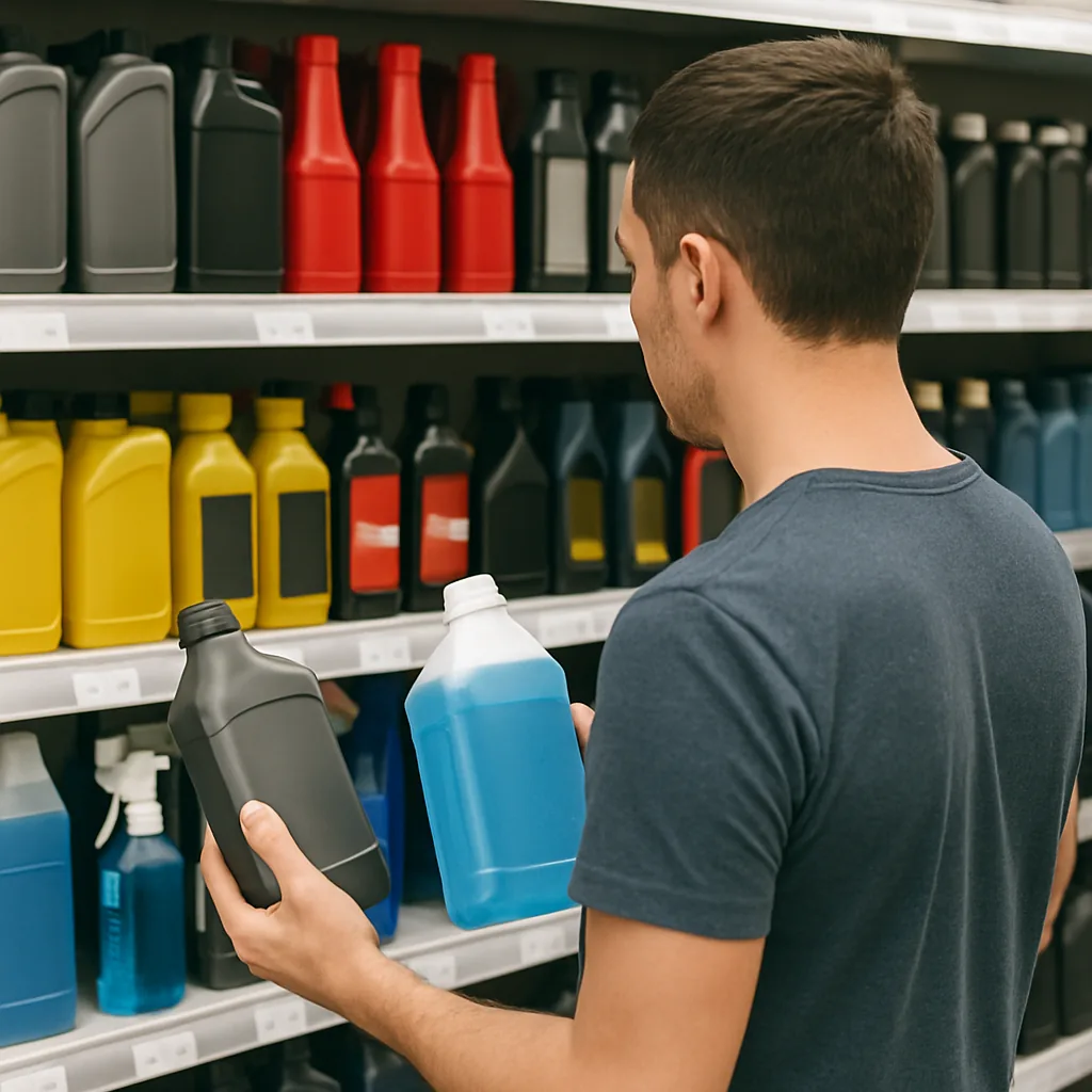 real photo of a customer comparing automotive oil,