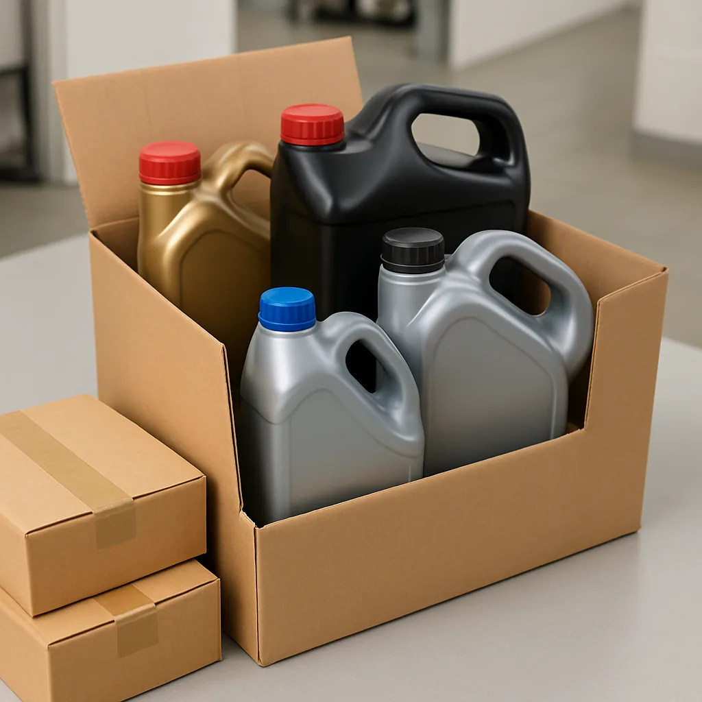 real photo of packed automotive lubricant and engine