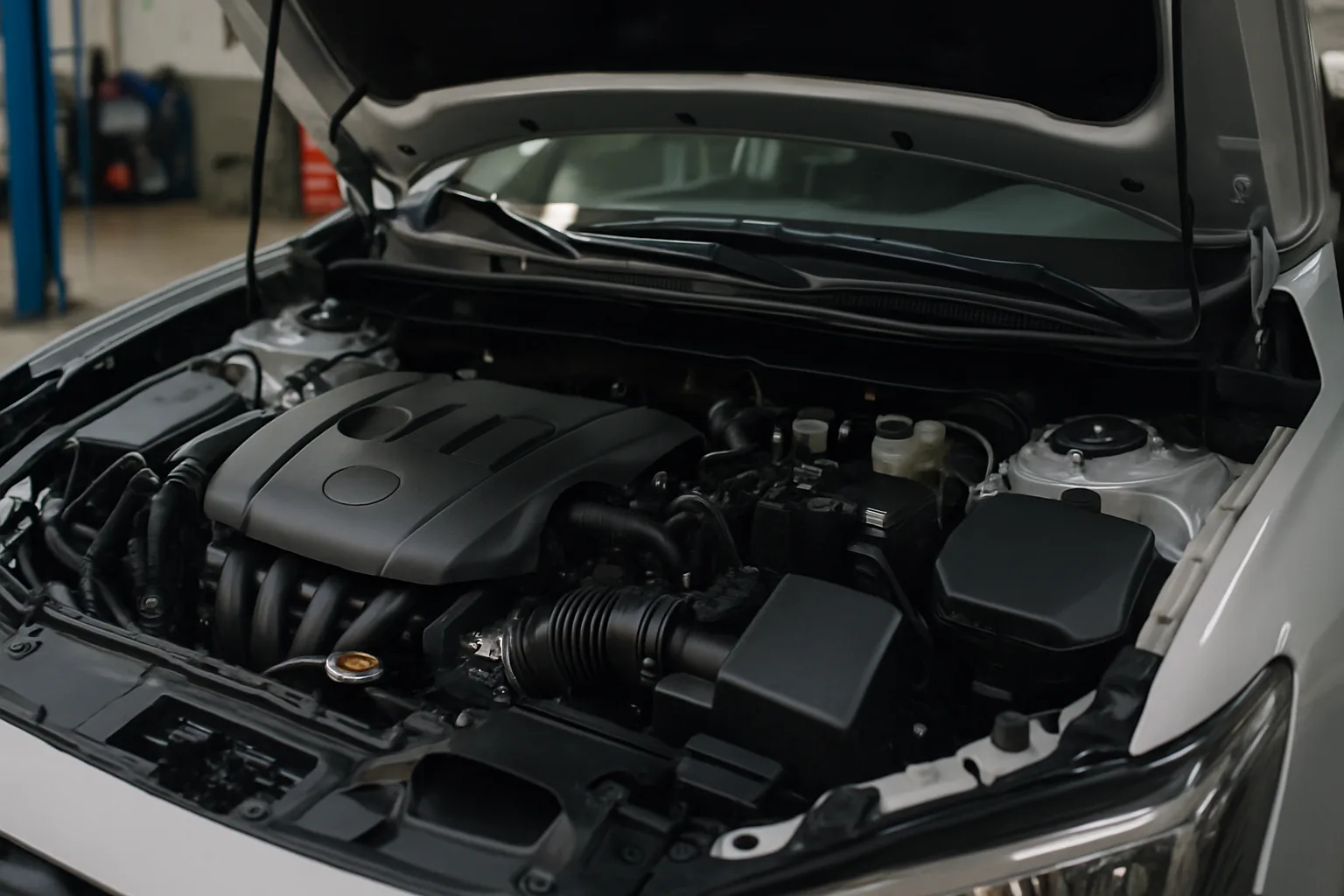 Wide photo of a clean well-maintained car engine
