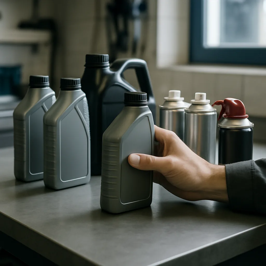 real photo of automotive lubricant bottles and spray
