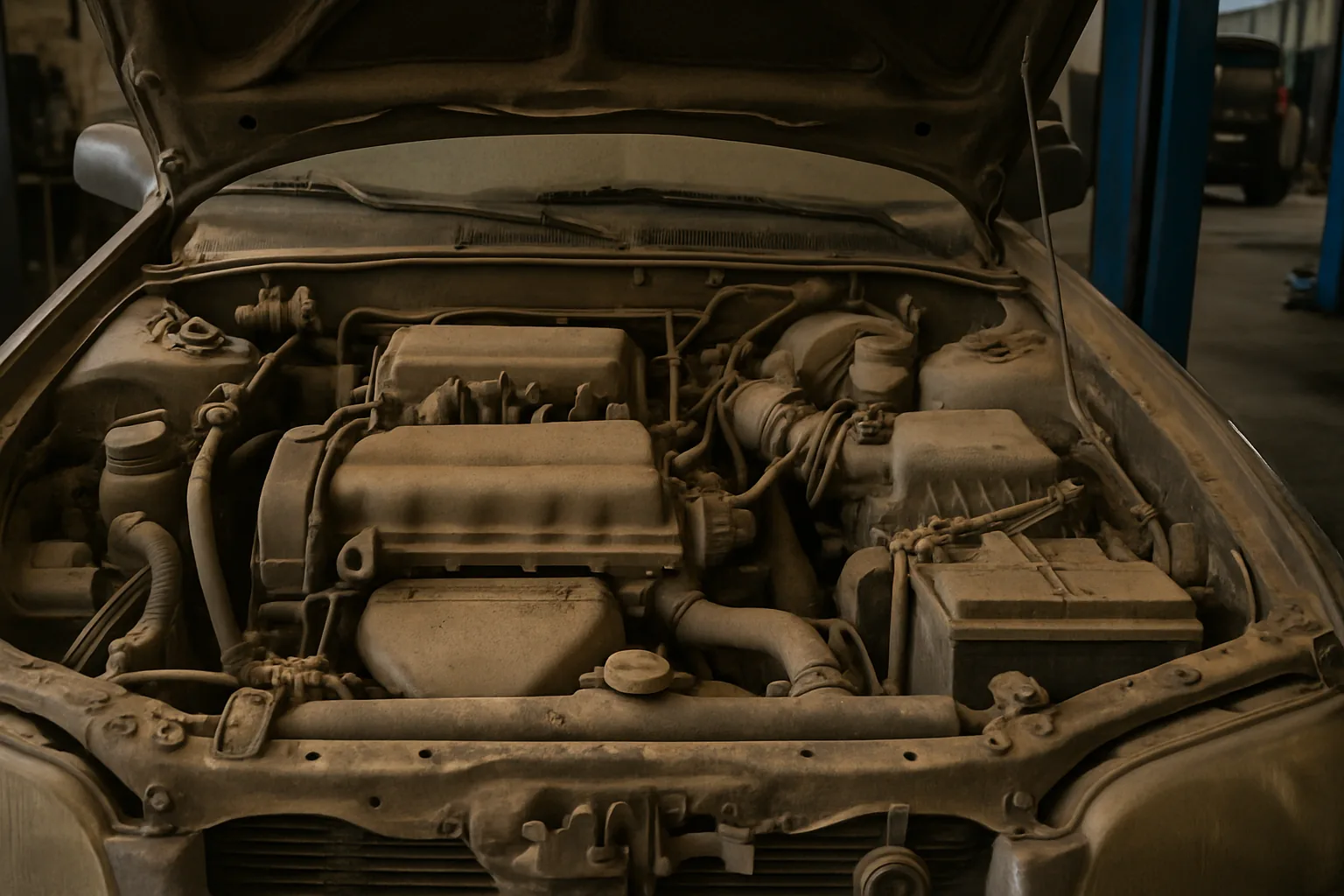 Wide photo of a car engine bay before